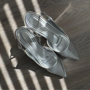 BCBGENERATION Metallic Silver Adjustable Slingback Kitten Heels | Size 7